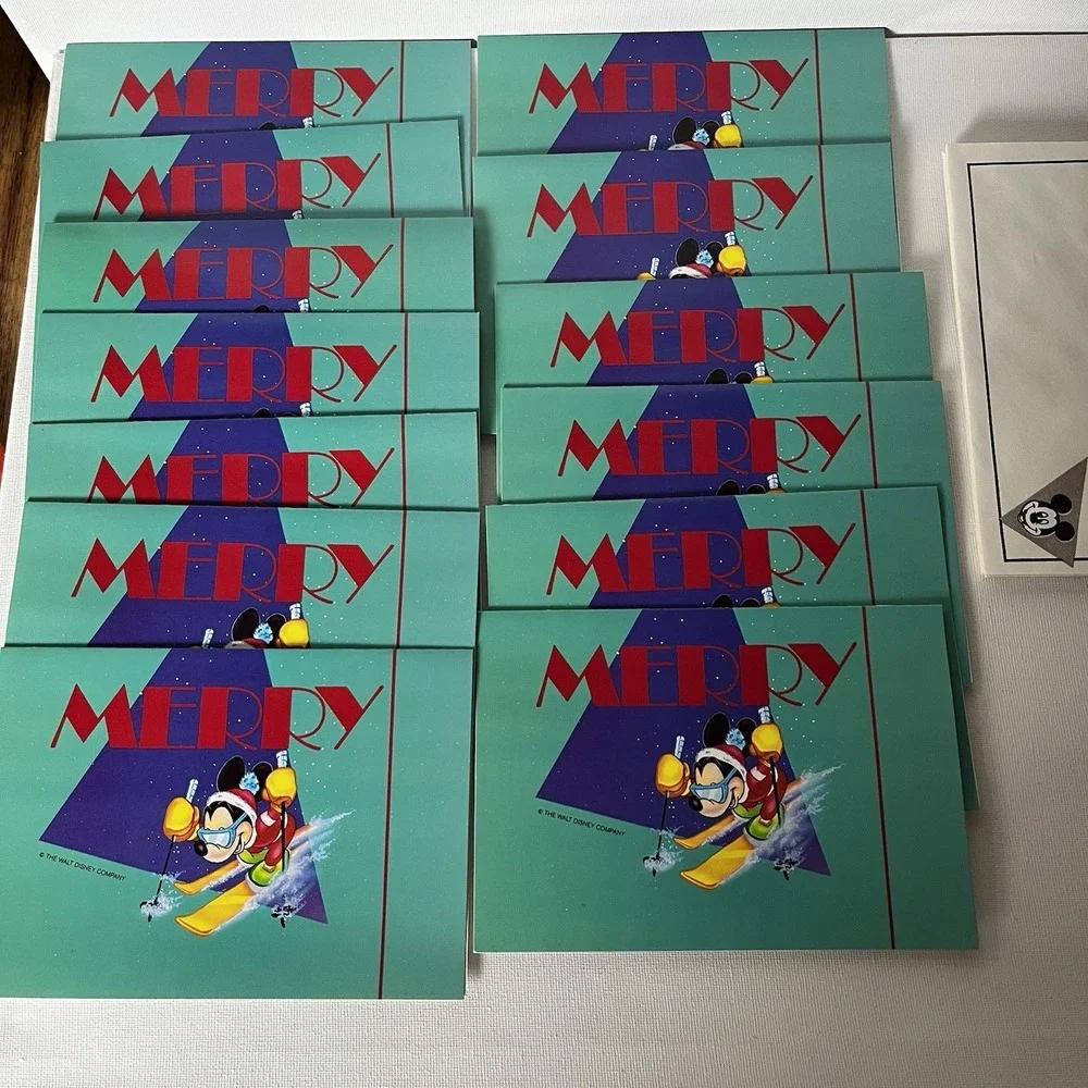 Rare Vintage Mickey Mouse Skiing "Merry" Christmas Cards NOS - Set of 13 - Picture 5 of 11